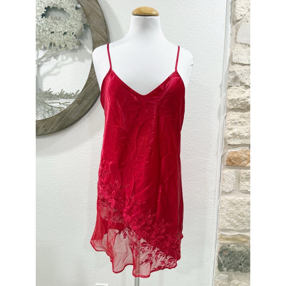 Vintage Dentelle Chemise Nightgown Red Satin Sheer Floral Embroidered Medium